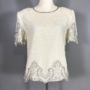 Laurence Kazar Beaded Silk Evening Top L Ivory Formal Cocktail Party Wedding‎